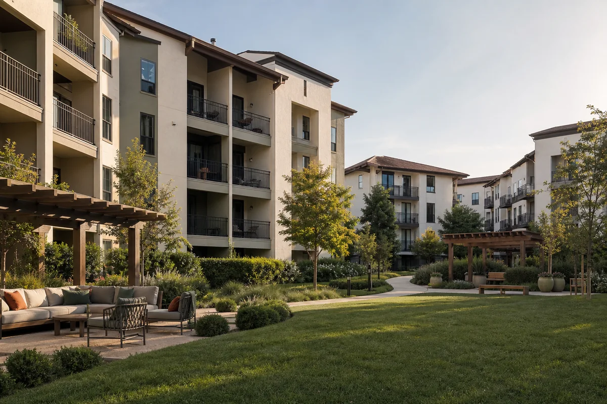 Landscaped courtyard at a contemporary apartment community