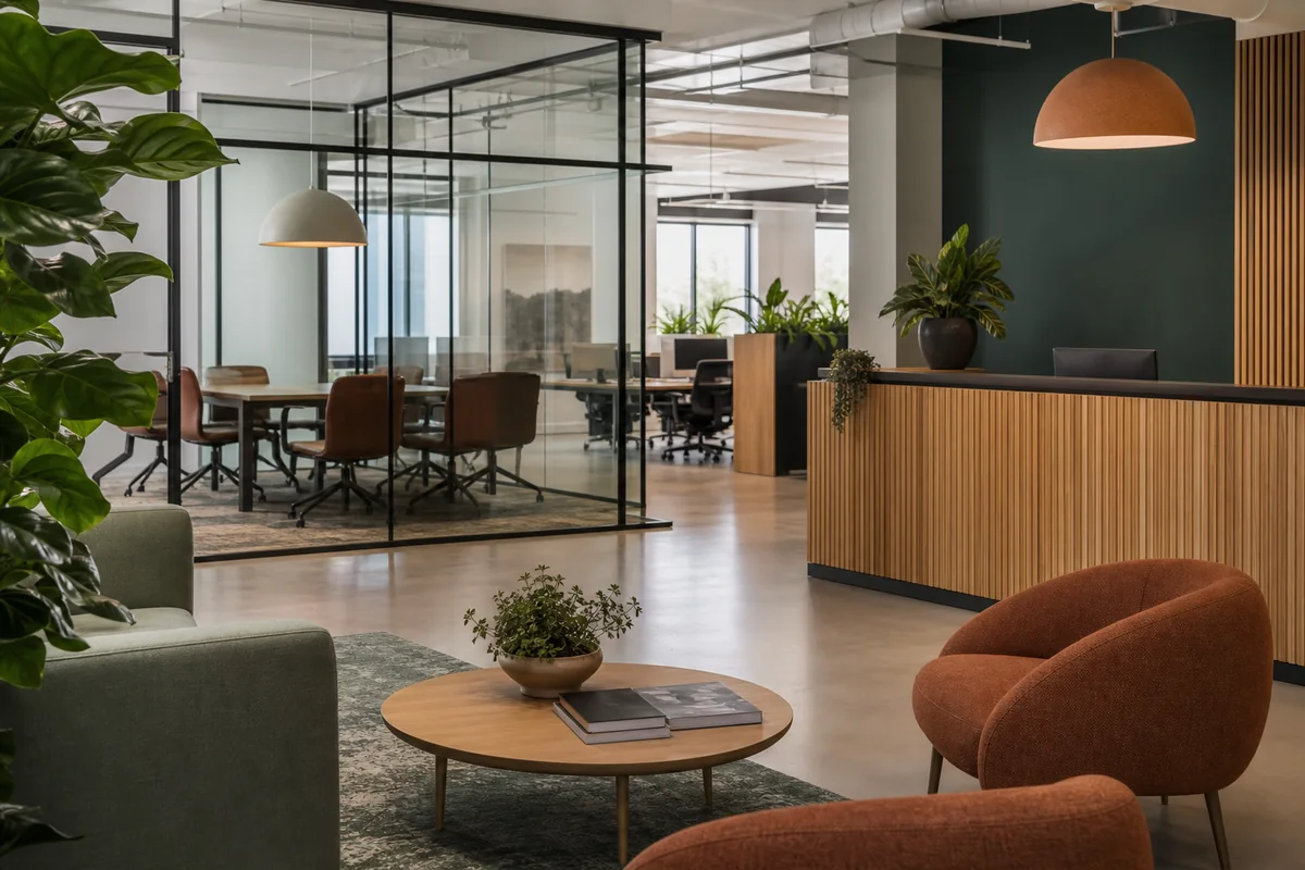 Modern commercial office reception and glass meeting room