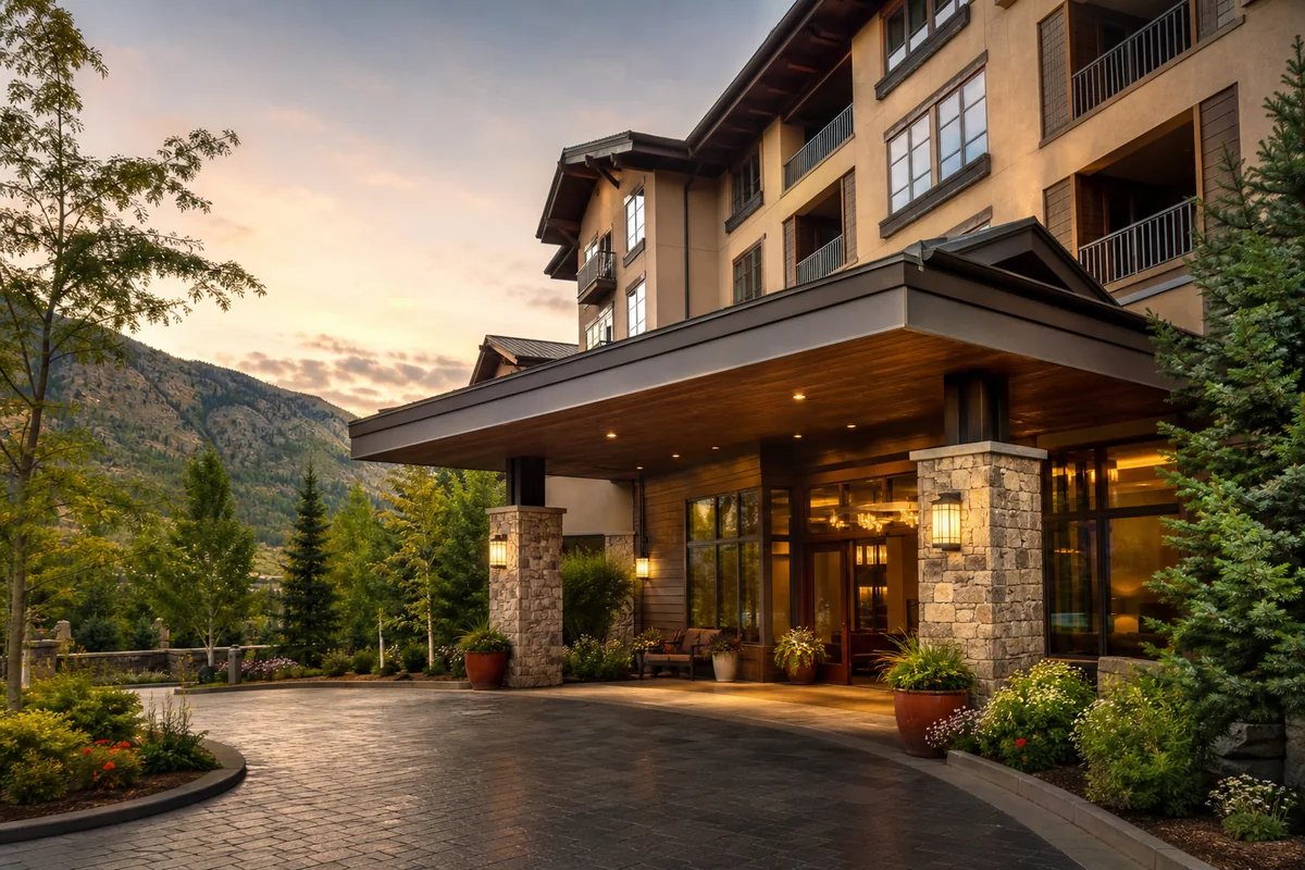 Entrance of a modern mountain-region hotel at sunset