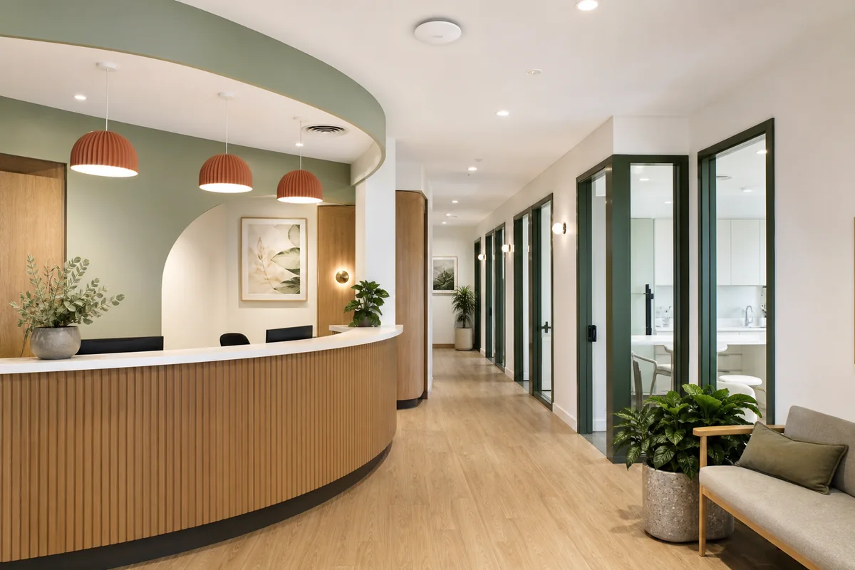 Warm modern reception area and corridor in a medical office