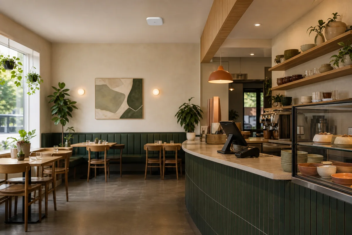 Contemporary restaurant and café interior with service counter