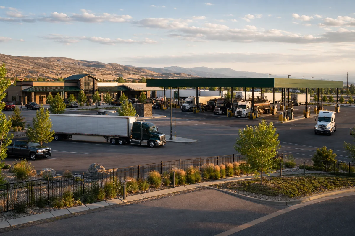Modern interstate travel center with truck fueling lanes and parking