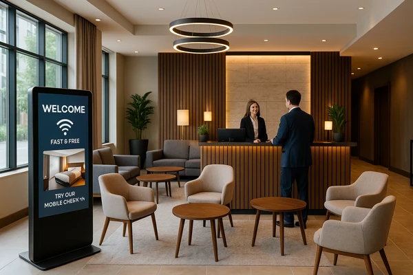 Luxury hotel lobby with modern technology integration